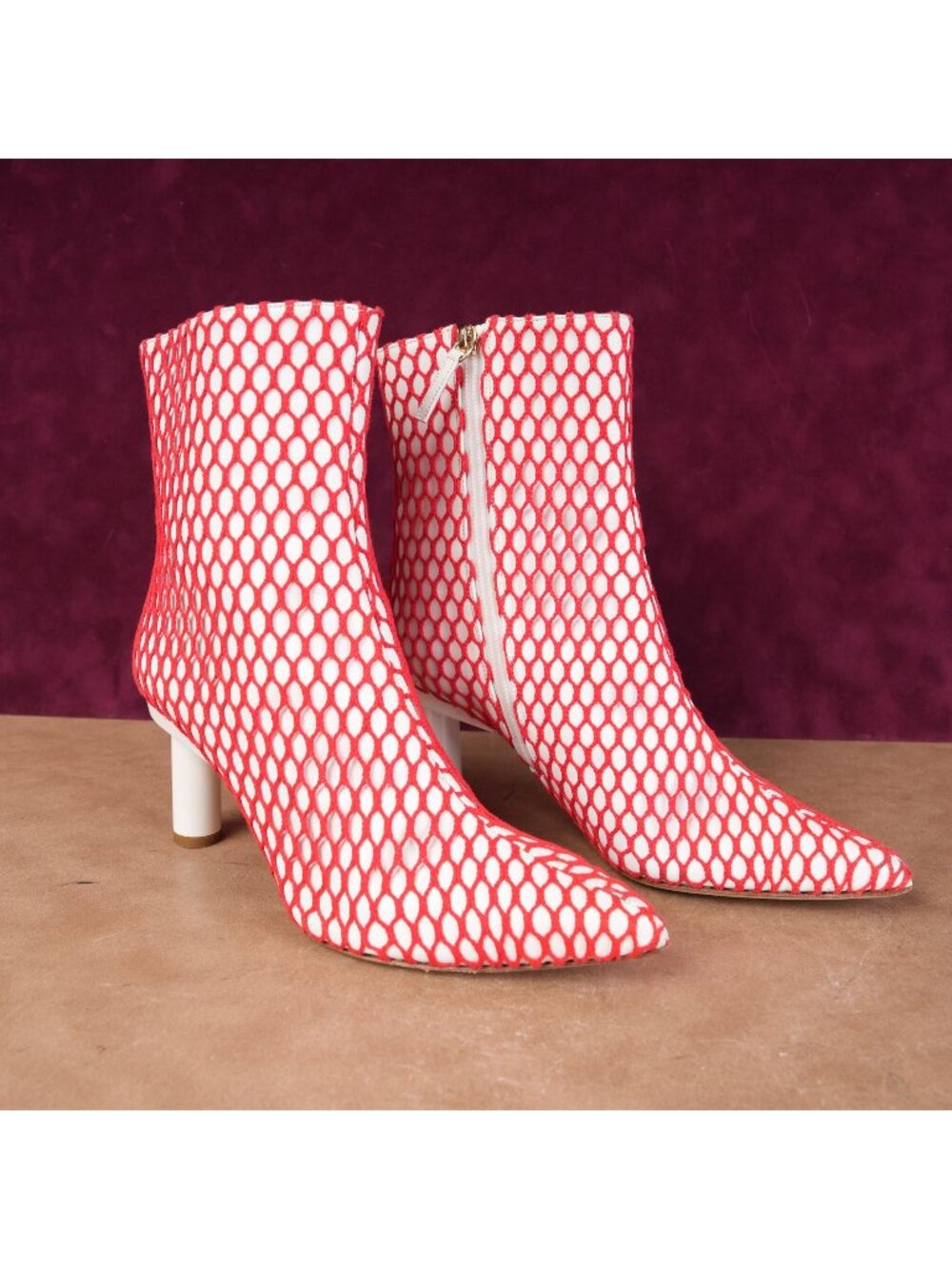 Tibi Women Mason Red Mesh White Leather Pointed Toe Ankle Boots Sz 7US EUR 37.5